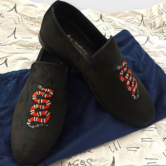 May Anthony NEW King Snake Scarlet Black Velvet Embroidered Loafer Slipper Men 7 - Picture 1 of 11